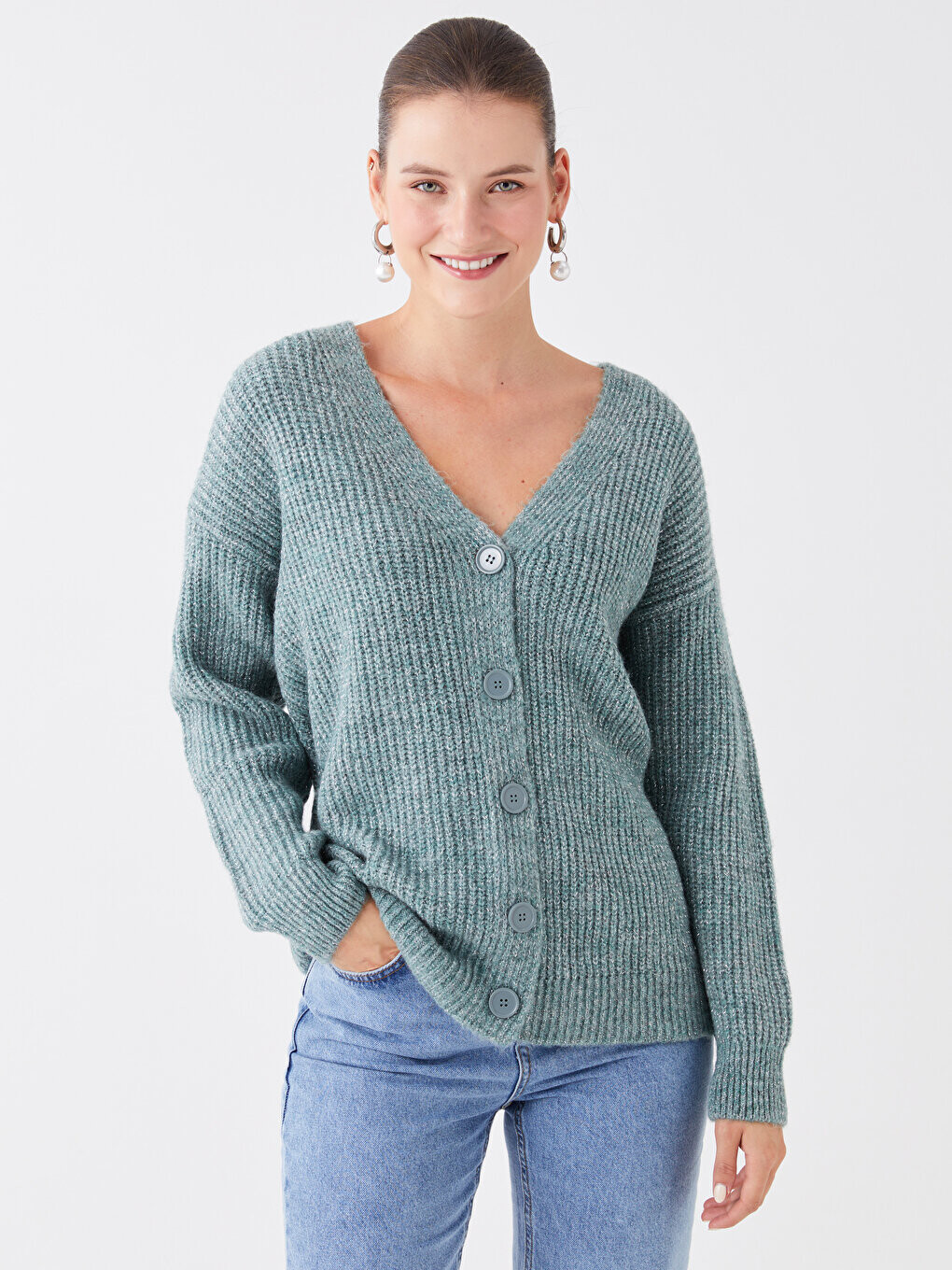 

Однотонный женский трикотажный кардиган с V-образным вырезом и длинными рукавами LCWAIKIKI Basic, матовый зеленый меланж