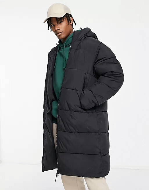 

Пуховик с капюшоном Pull&Bear Longline, черный