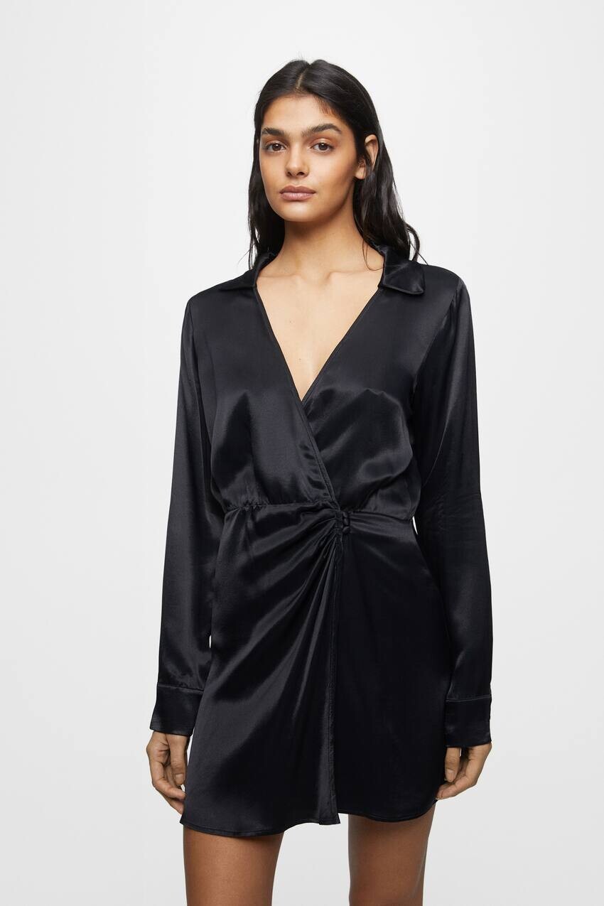 

Атласное платье-рубашка Pull&Bear, черный