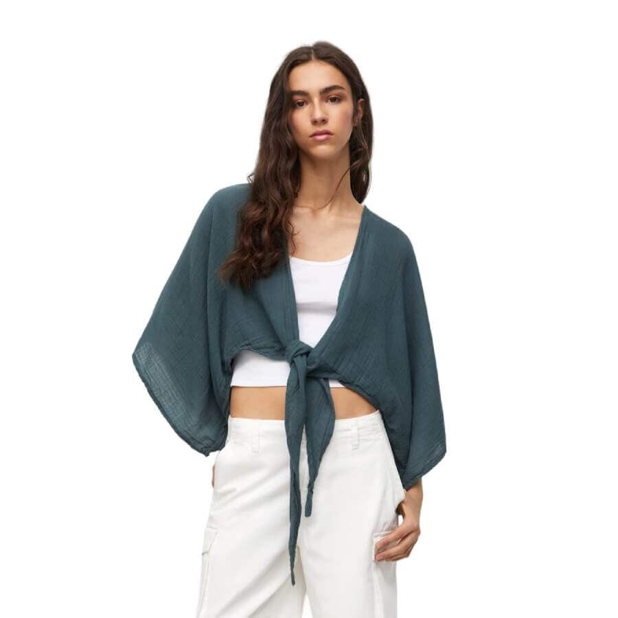

Блуза-кимоно Pull&Bear Cropped Kimono With Knot, зеленый