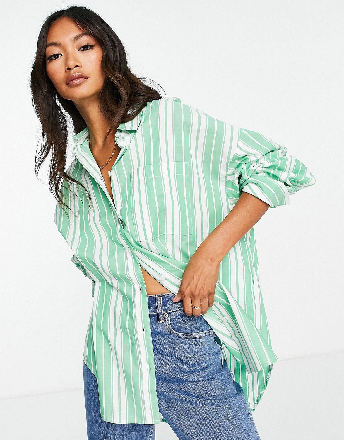 

Рубашка оверсайз для папы в яблочно-зеленую полоску ASOS DESIGN