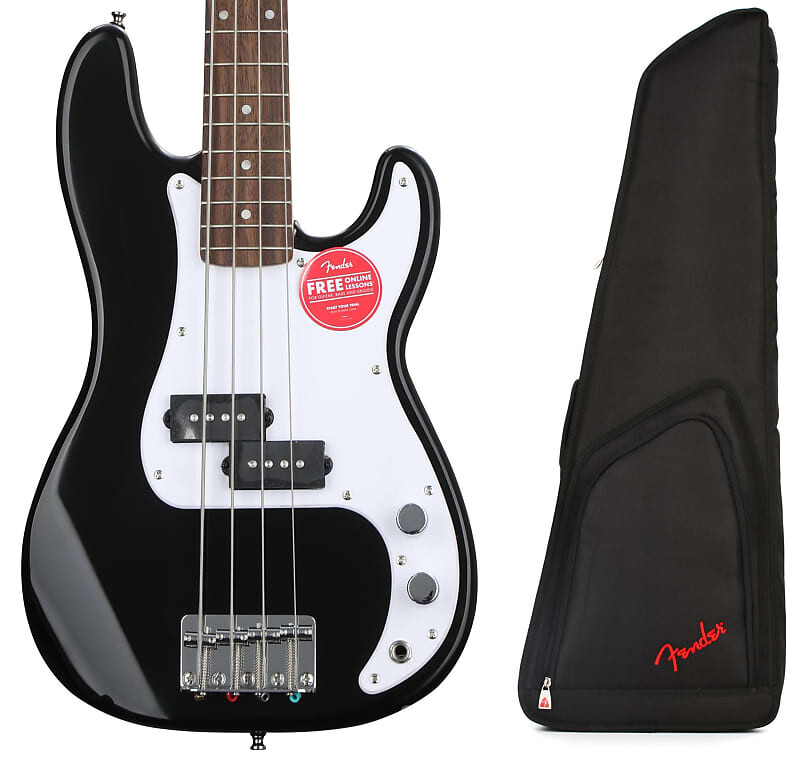 

Squier Mini Precision Electric Bass — черный комплект с мини-сумкой для струнных инструментов Fender FEMS-610 — черный Fender + Squier 0991411206=1 0370127506=1