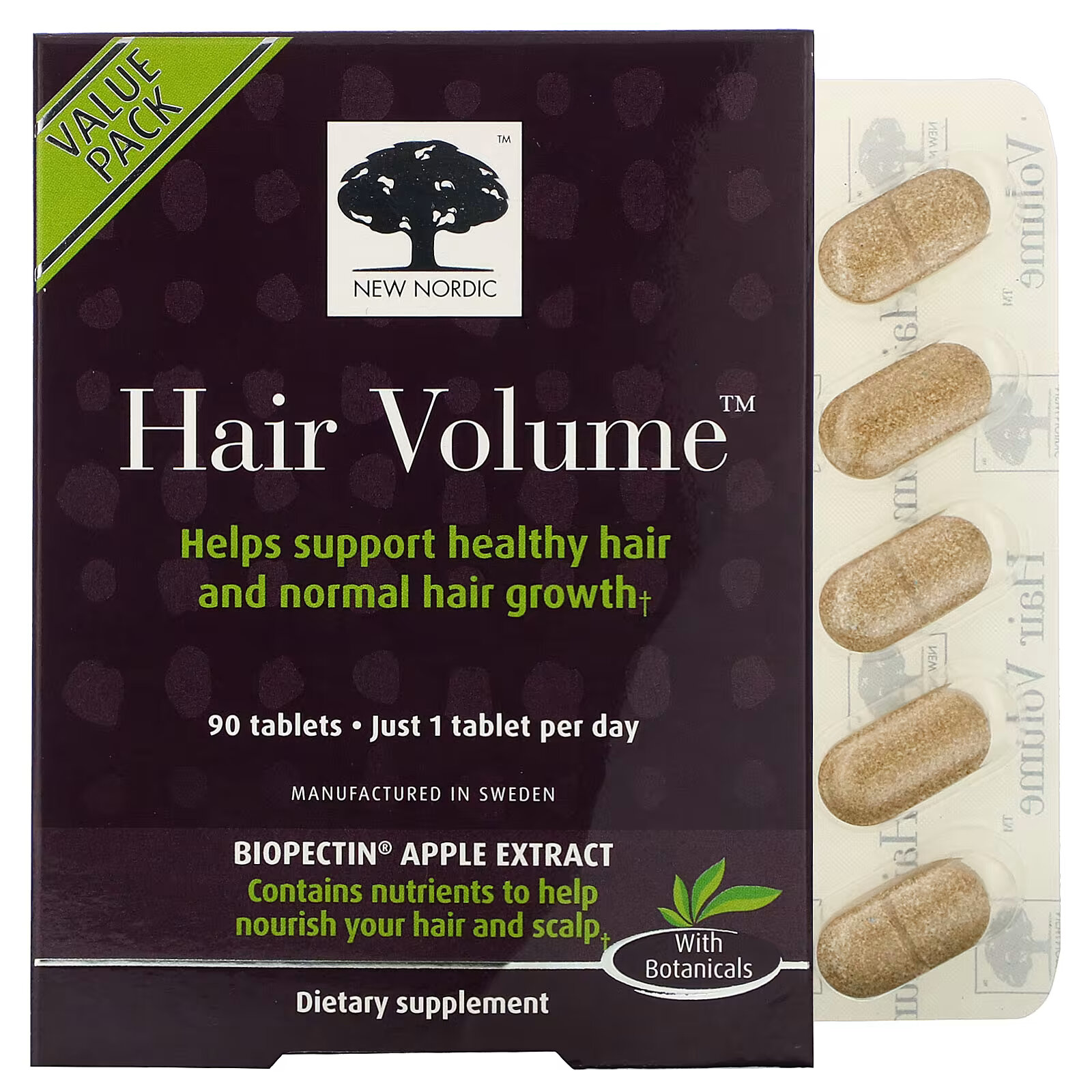 New Nordic, Hair Volume, средство для роста и объема волос, с экстрактом биопектина яблока, 90 таблеток 29503