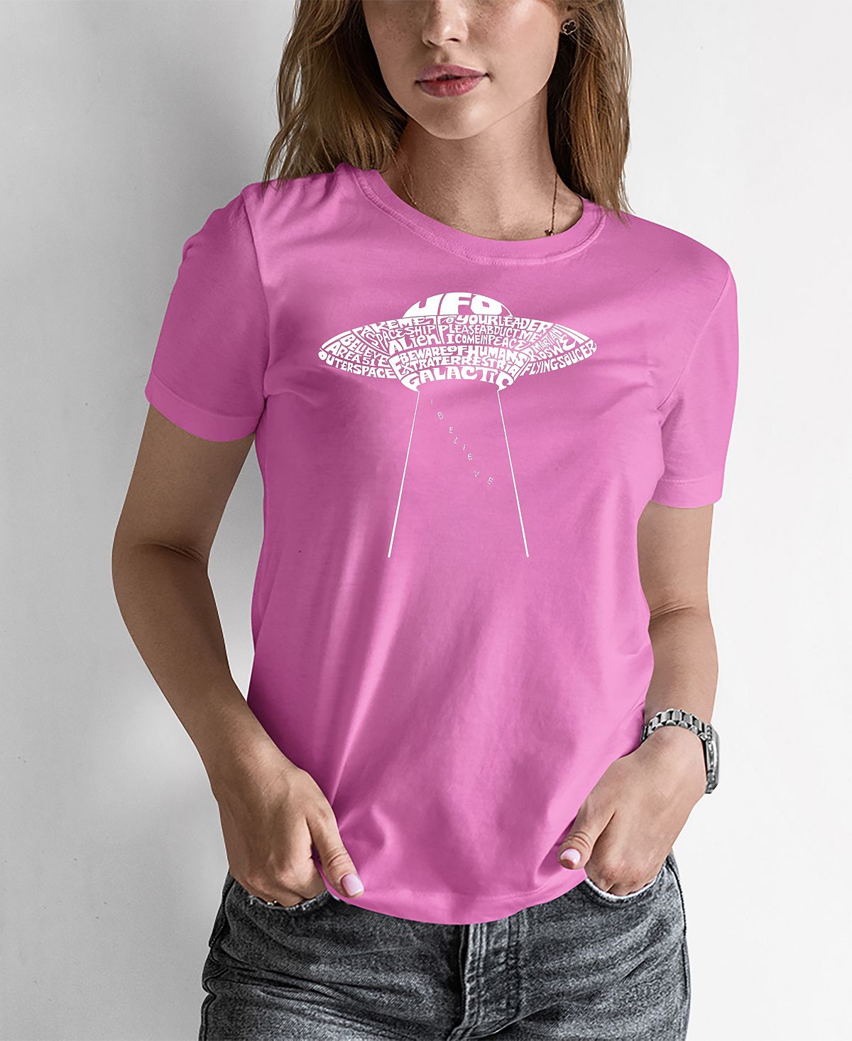 Женская футболка word art flying saucer ufo LA Pop Art, розовый фото