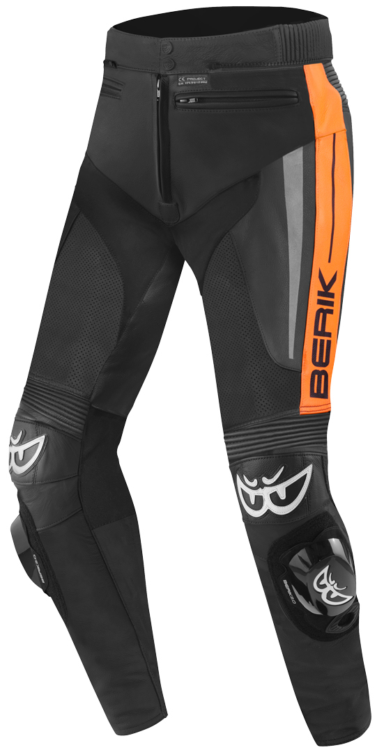 Мотоциклетные кожаные брюки Berik Kendo с защитой на коленях, черный/оранжевый
