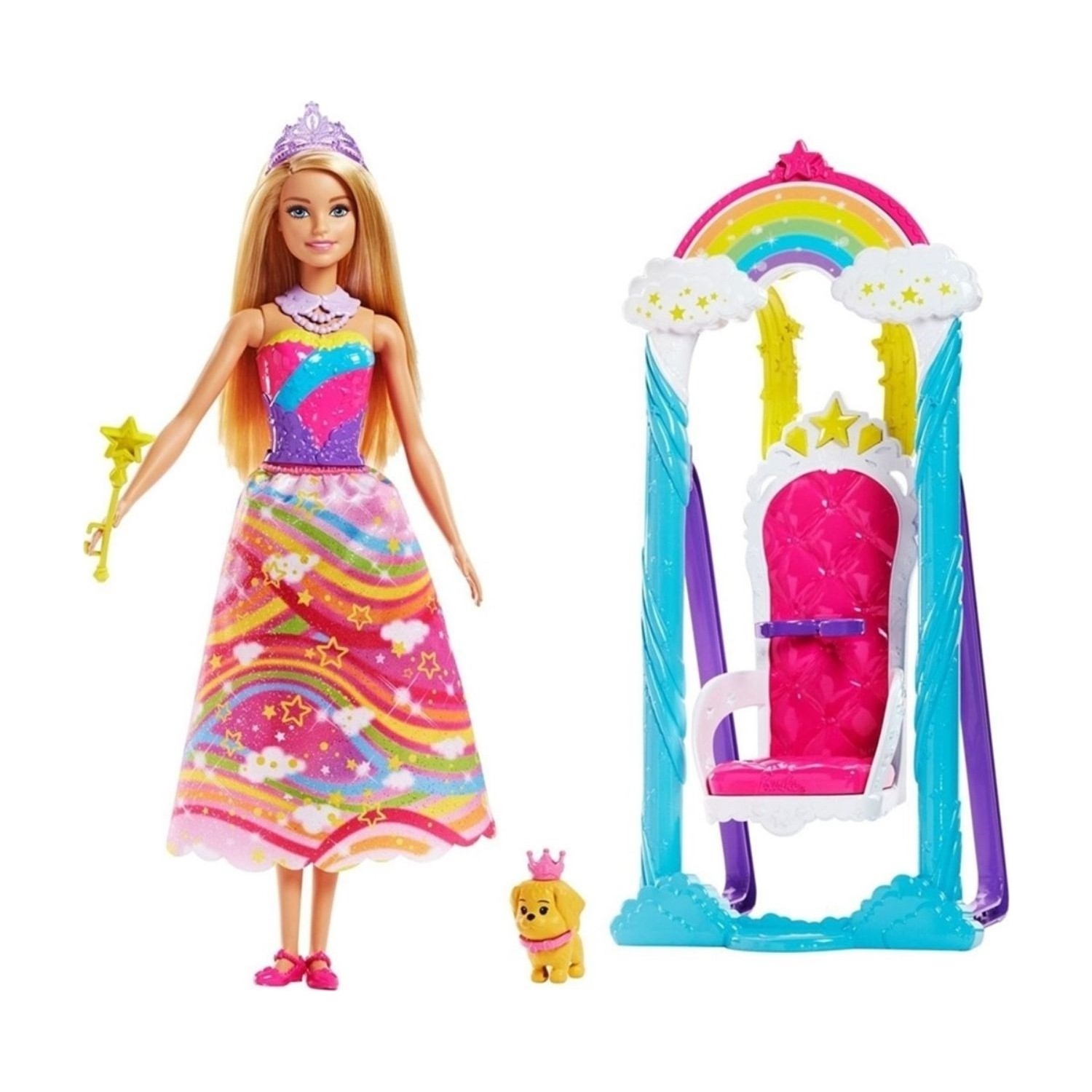 Кукла Barbie и качели радужная акварель