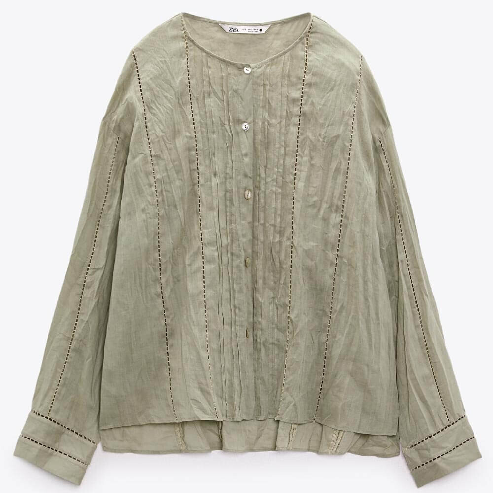 

Блузка Zara Ramie Passementerie, светлый хаки