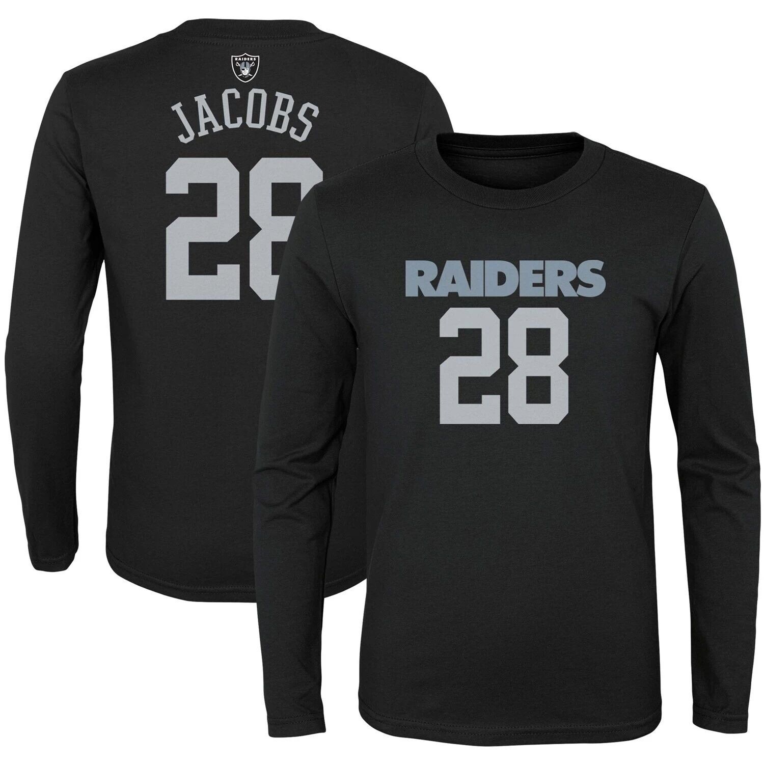 

Черная молодежная футболка Josh Jacobs Mainliner Las Vegas Raiders с именем и номером игрока с длинными рукавами Outerstuff, Черный