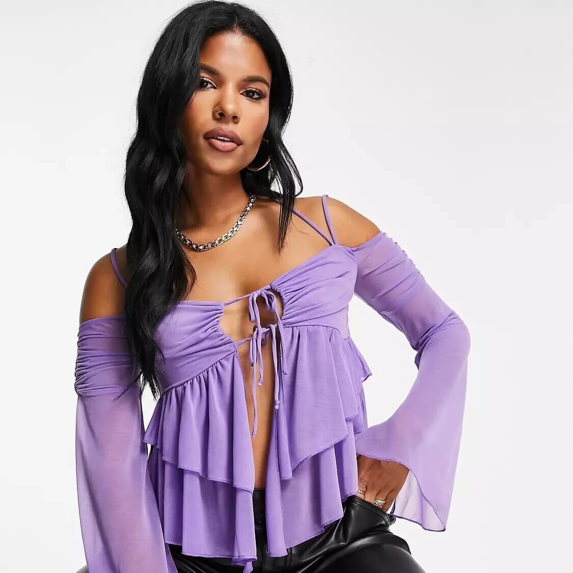 

Топ ASOS DESIGN Fuller Bust Wavy Hem Tiered Mesh, фиолетовый