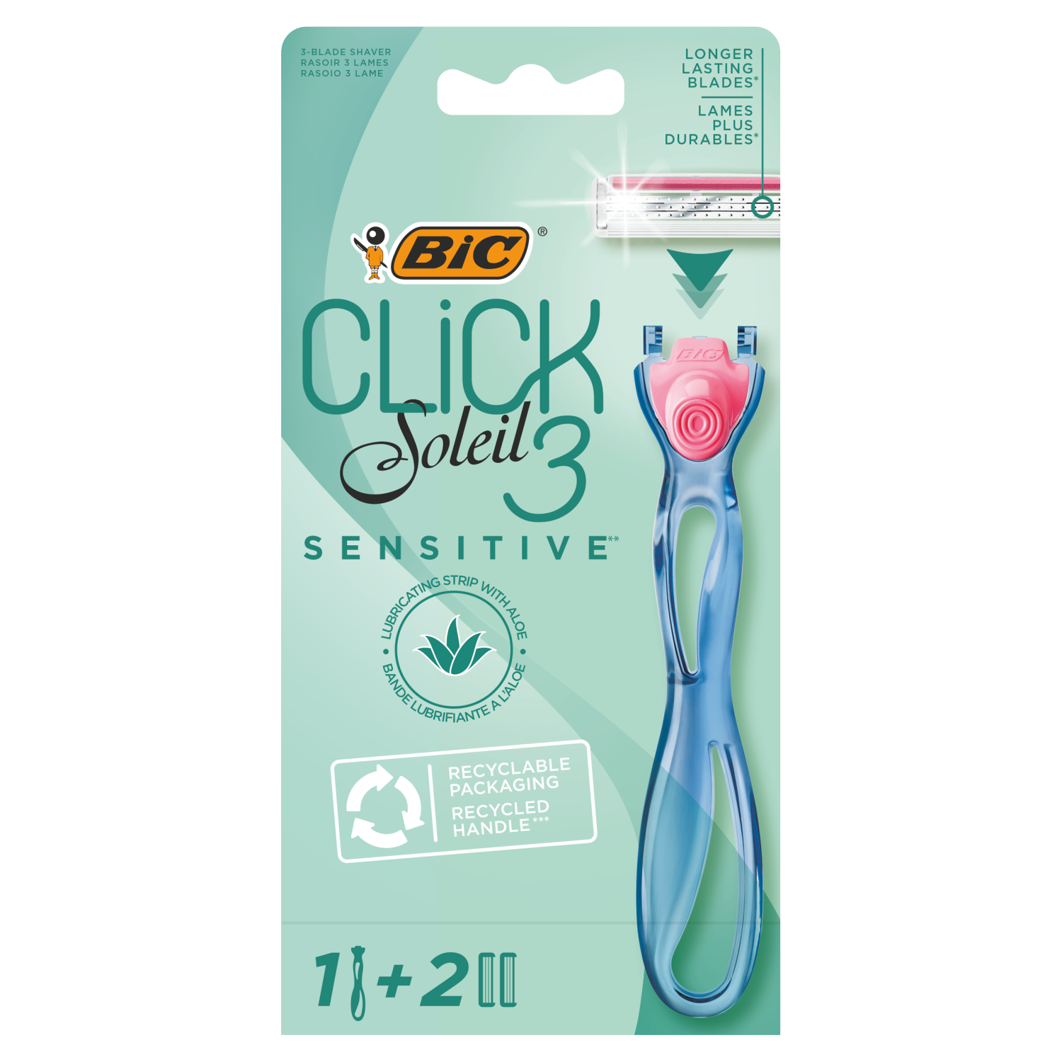 цена Bic Soleil 3 Click Sensitive бритва, 1 шт. + картриджи для бритвы, 2 шт./1 упаковка
