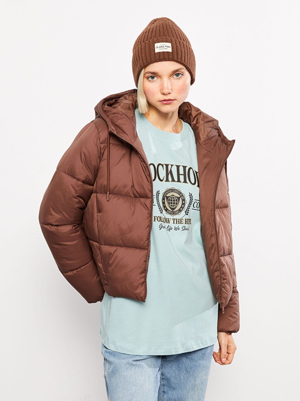 

Однотонный женский пуховик с капюшоном и длинными рукавами LCW Casual, Коричневый