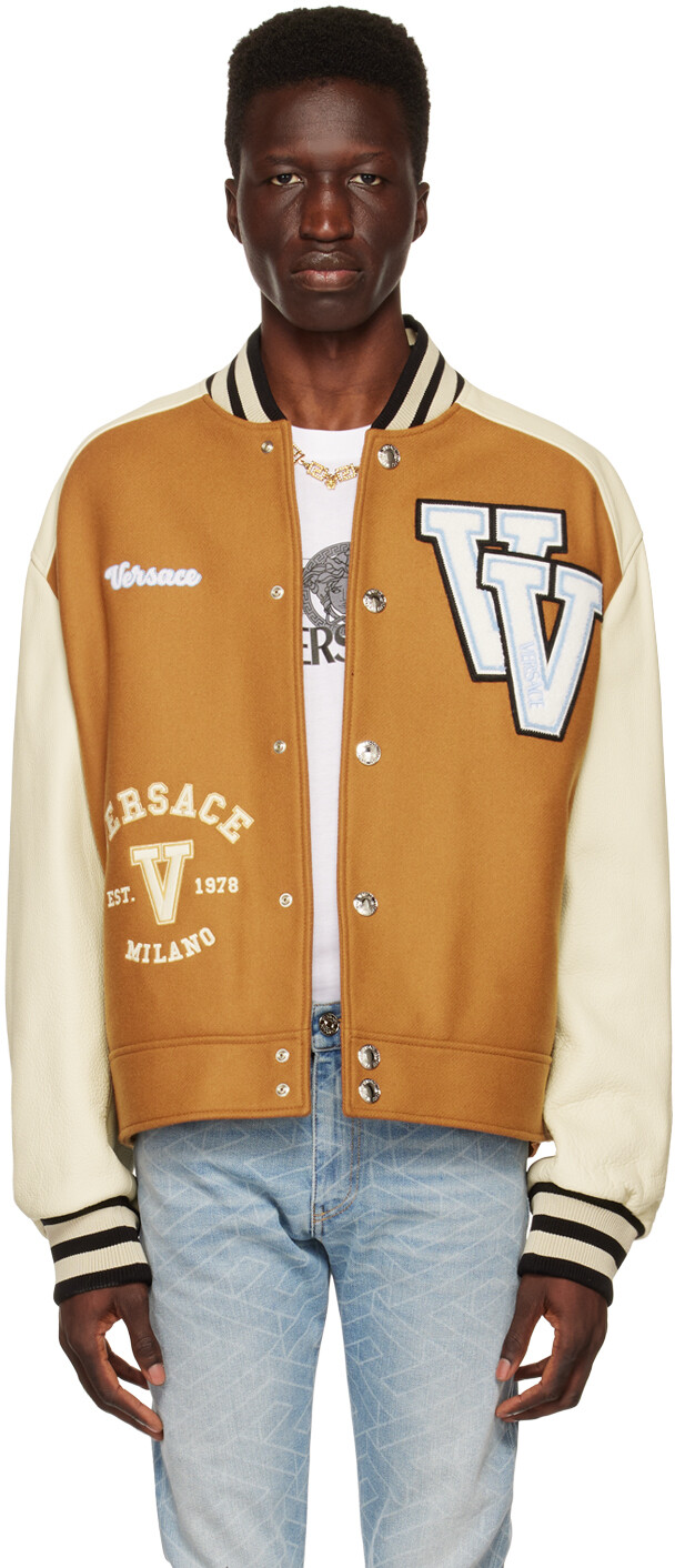 

Темно-коричневый и Off-White университетский пуховик-бомбер Versace