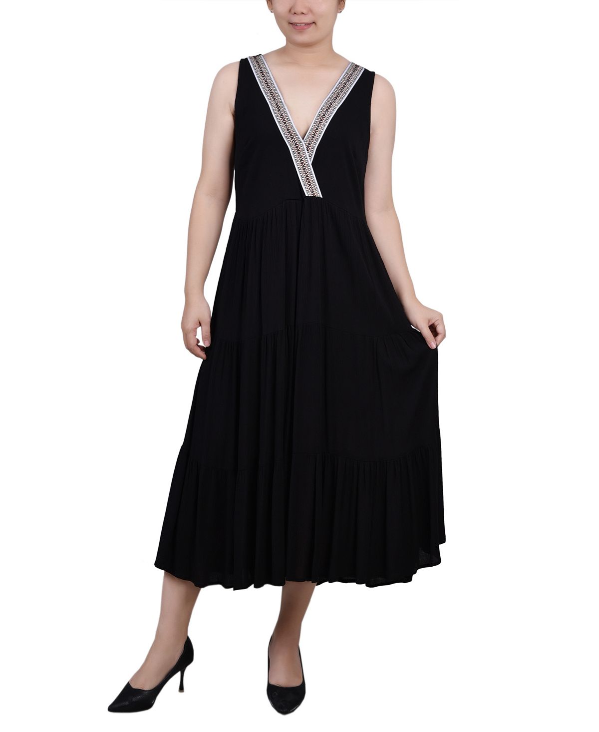 Миниатюрное многоуровневое платье без рукавов с отделкой NY Collection, черный