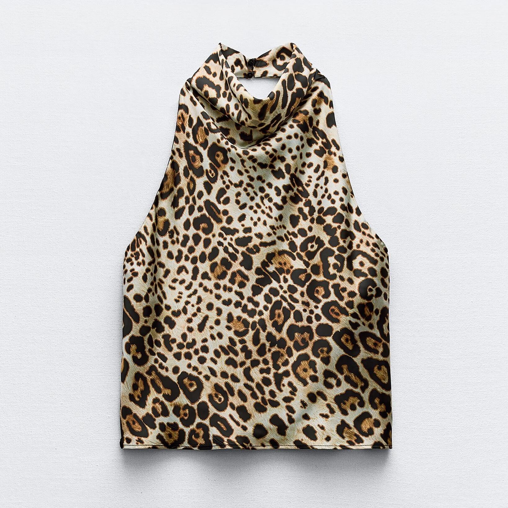 Топ Zara Animal Print Halter, светло-коричневый атласный топ с открытой спиной и высоким воротником pieces