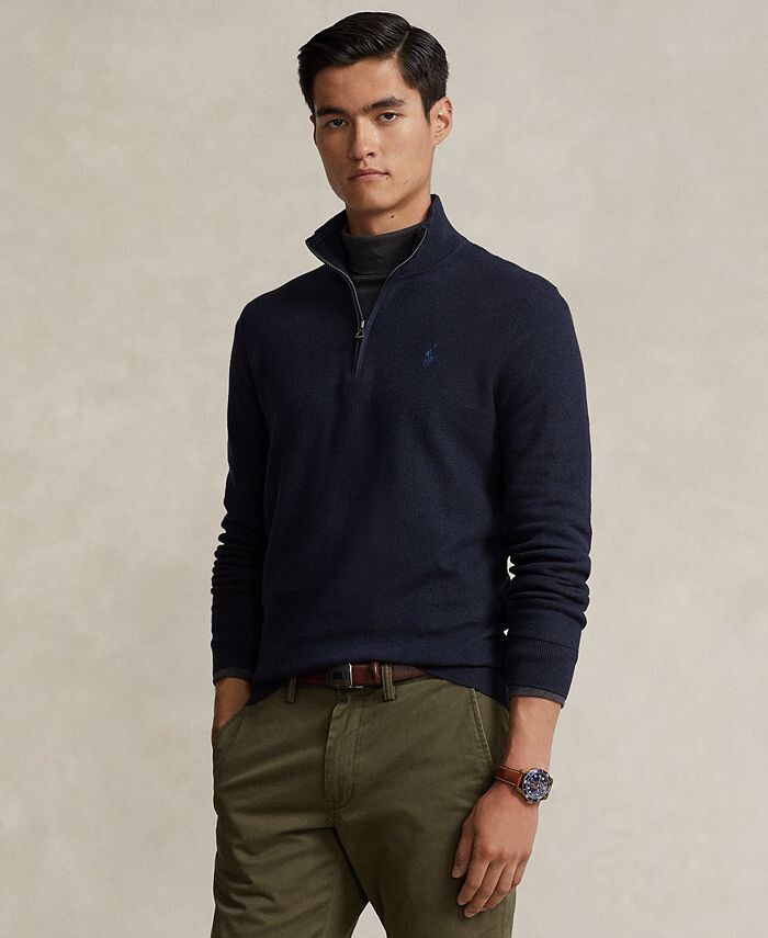 

Мужской хлопковый свитер сетчатой вязки с молнией на четверть Polo Ralph Lauren, синий