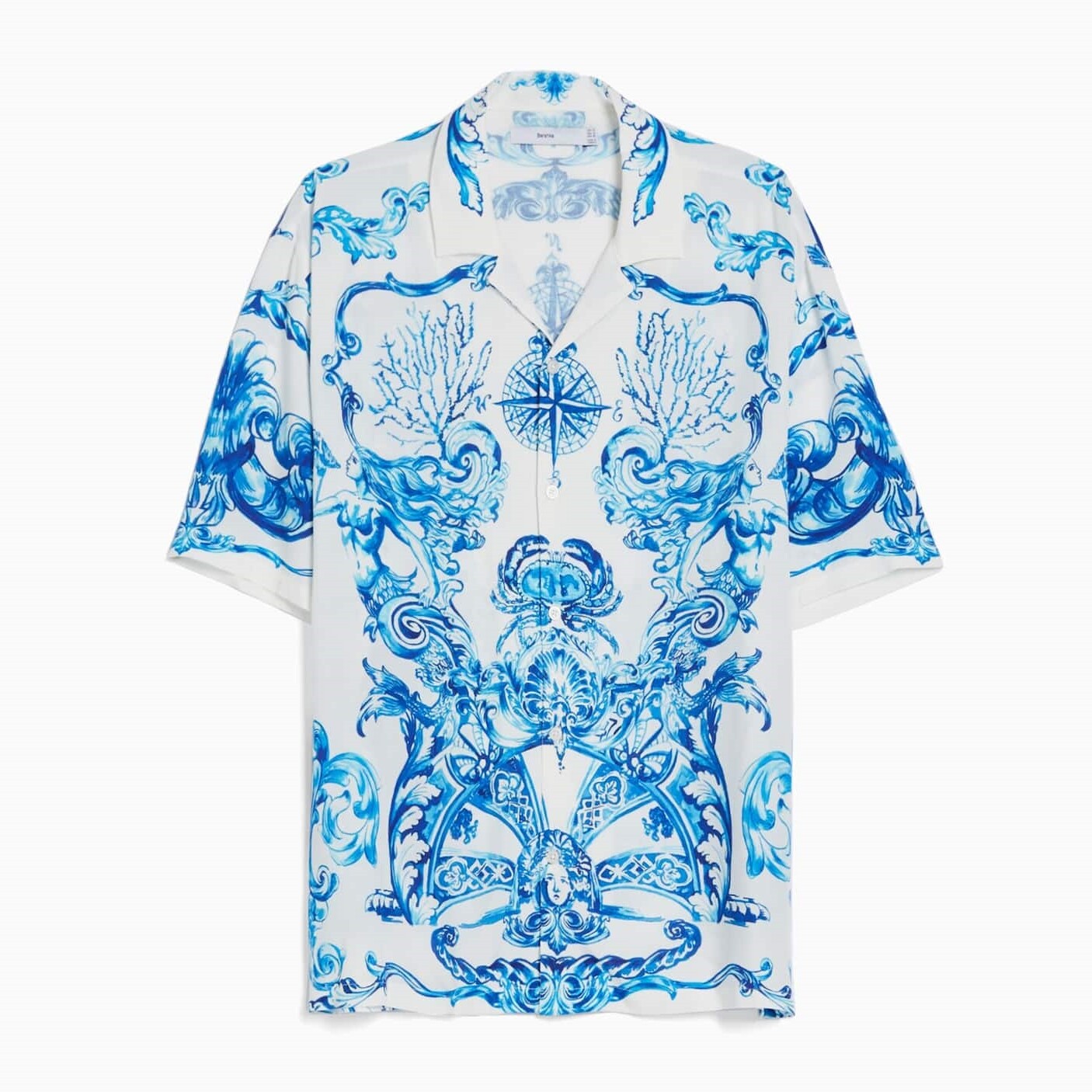 

Рубашка Bershka Oversize Satin Short Sleeve Printed, белый/синий