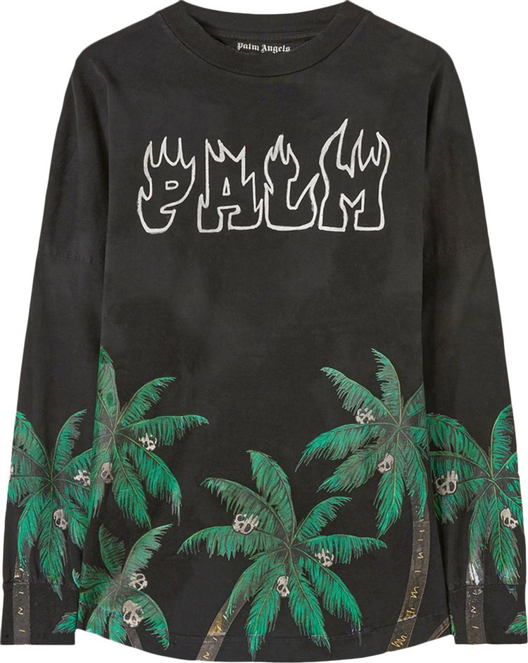 Лонгслив Palm Angels Palms And Skull Over Tee Long-Sleeve 'Black/Green', черный - фото