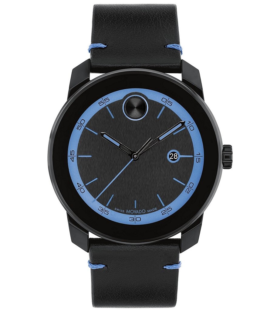 

Мужские кварцевые аналоговые часы Movado Bold TR90 с синими деталями и черным кожаным ремешком, черный