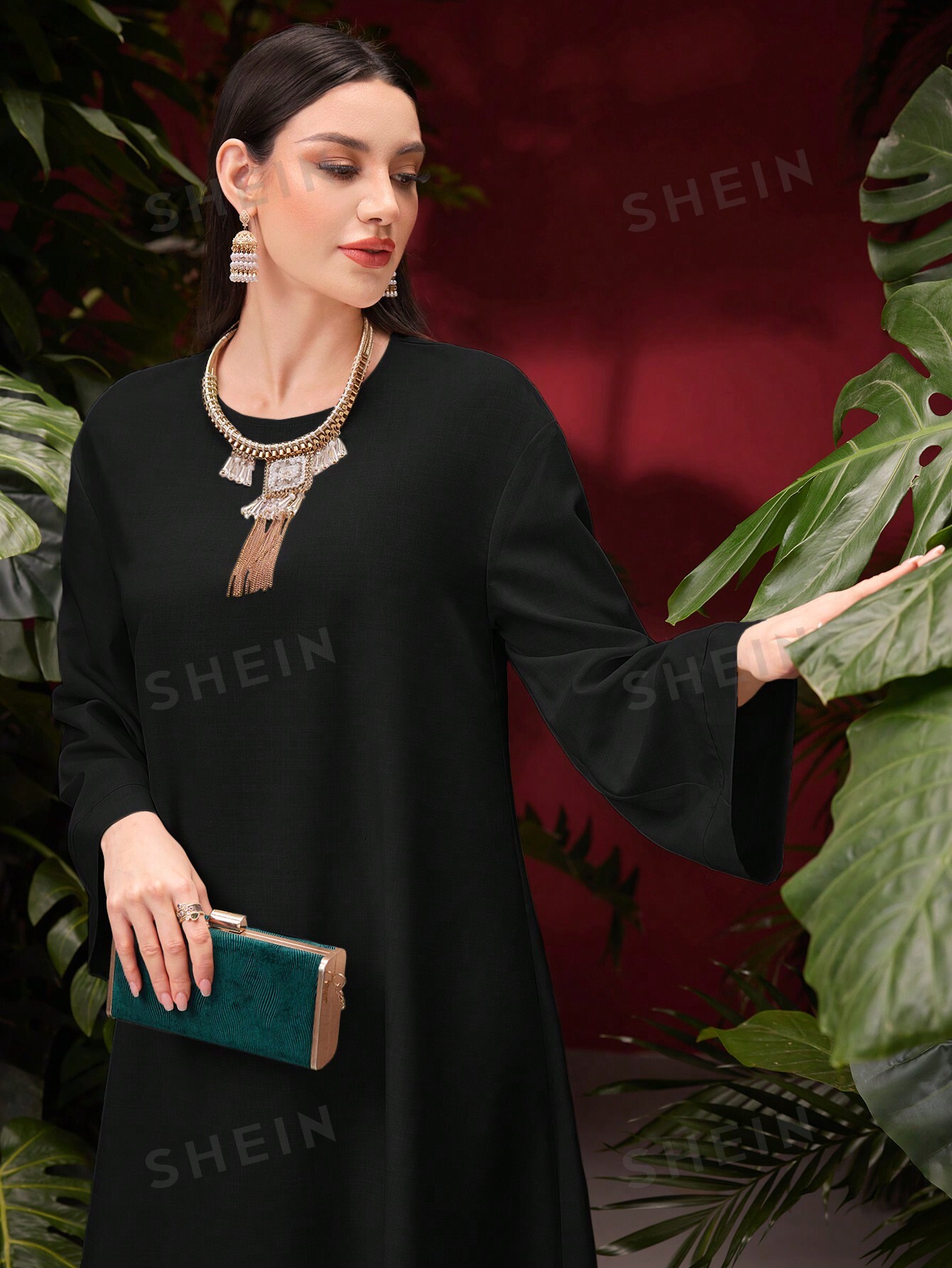 SHEIN Najma Женское льняное платье в арабском стиле с рукавами-колокольчиками, черный женское платье мини с круглым вырезом свободное однотонное офисное платье большого размера с бусинами лето 2023