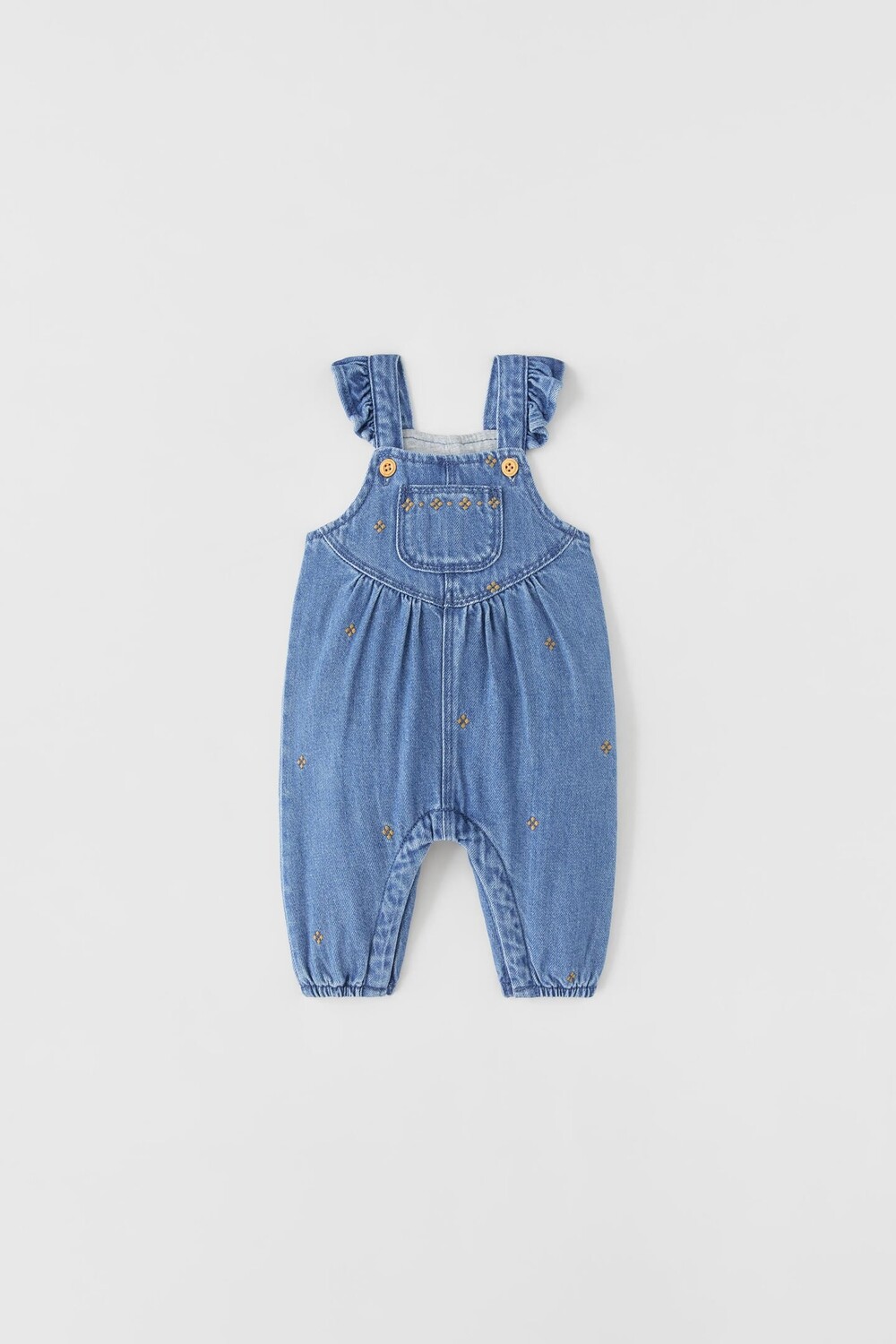 

Короткий комбинезон из денима с вышивкой ZARA, средне-синий