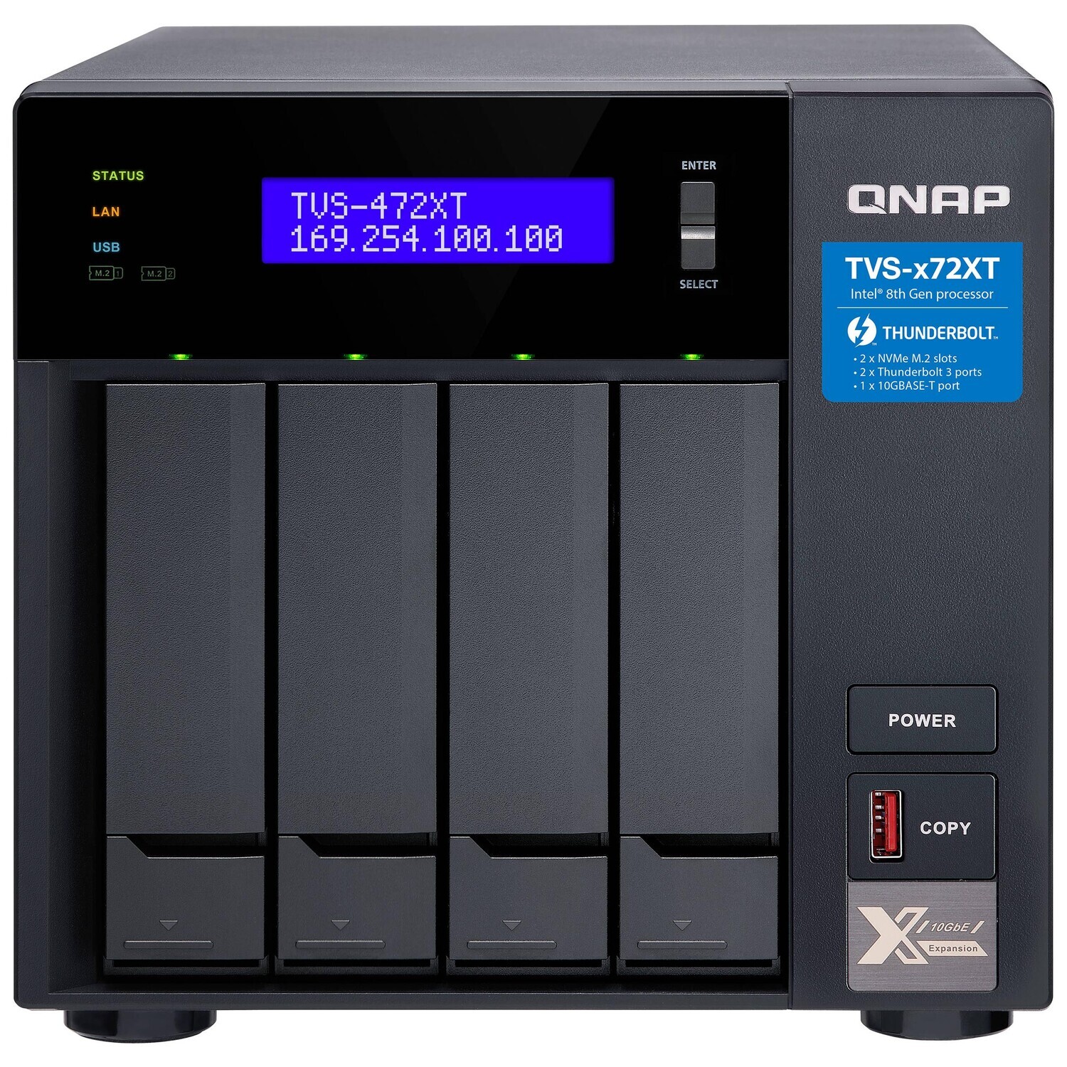 

Сетевое хранилище QNAP TVS-472XT, 4 отсека, 4Гб DDR4, без дисков, черный