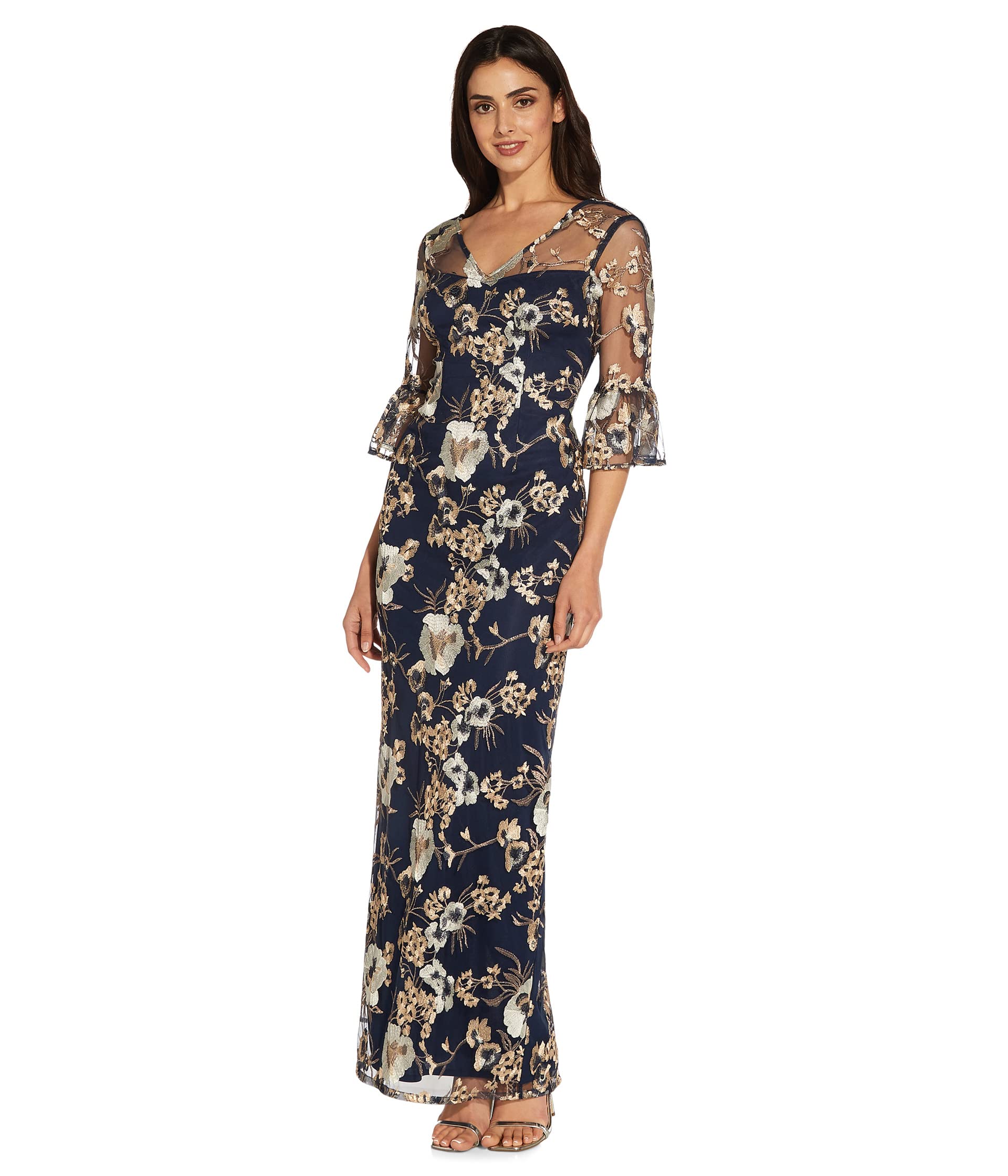 Adrianna Papell Bell Sleeve Embroidered Column Gown