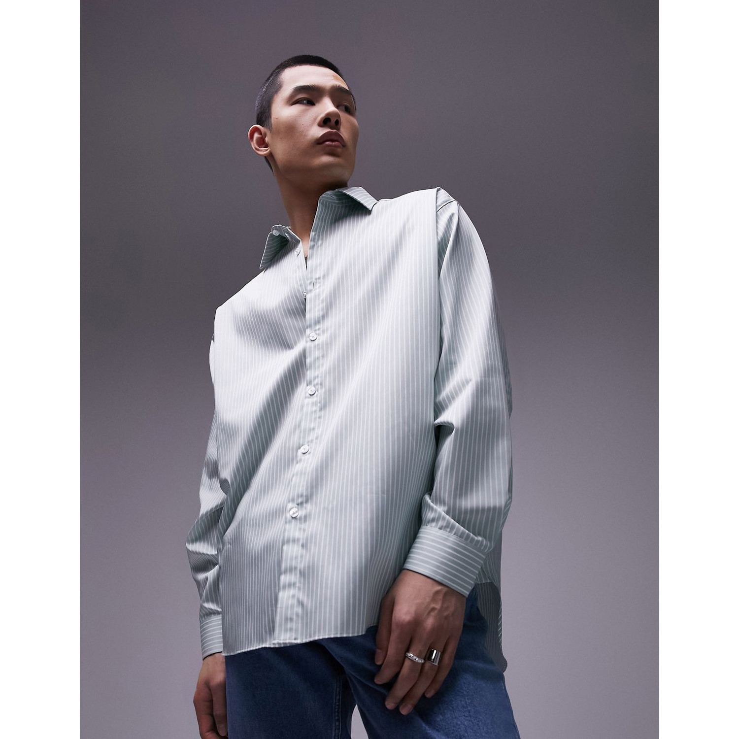 Рубашка Topman Long Sleeve Oversized Premium Stripe Cotton, зеленый