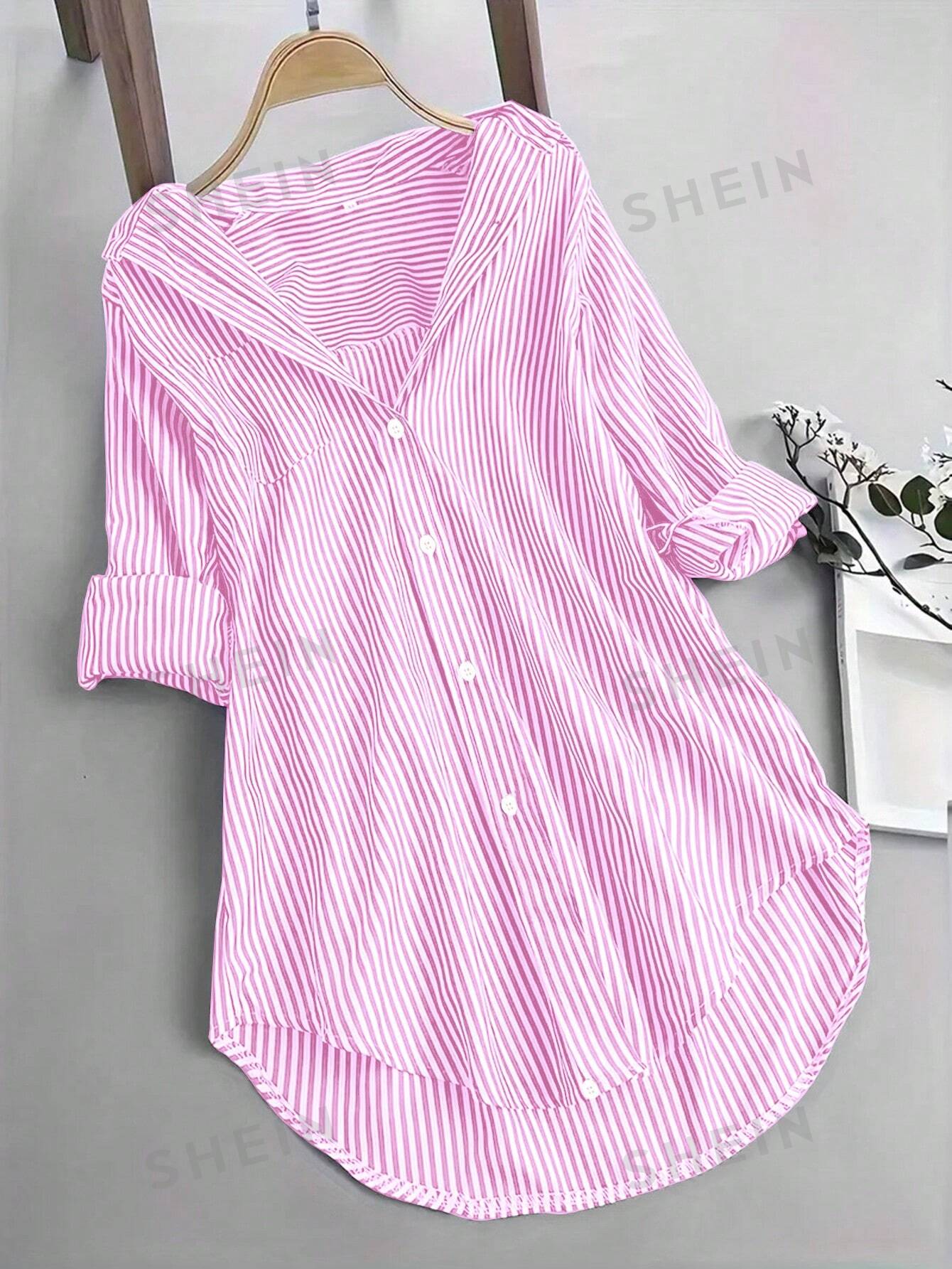 SHEIN Essnce Женская однобортная рубашка в полоску с высоким и низким подолом, розовый