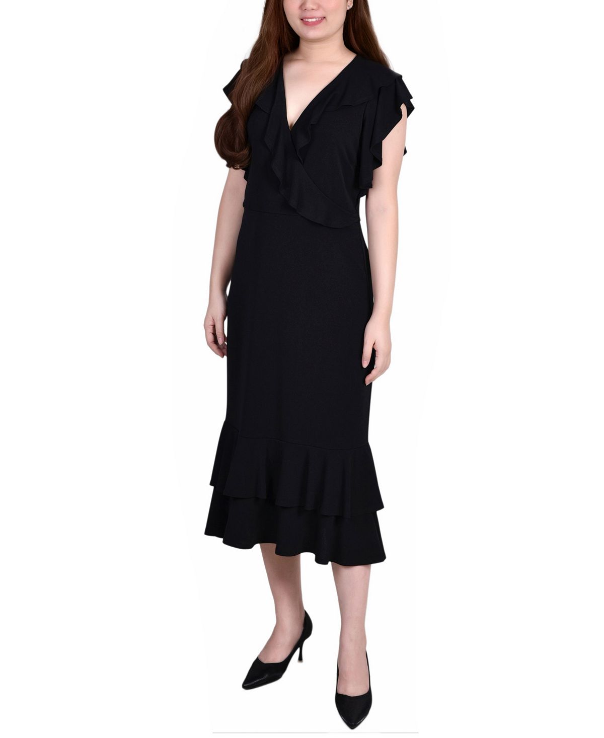 цена Миниатюрное платье с короткими развевающимися рукавами и рюшами NY Collection, черный
