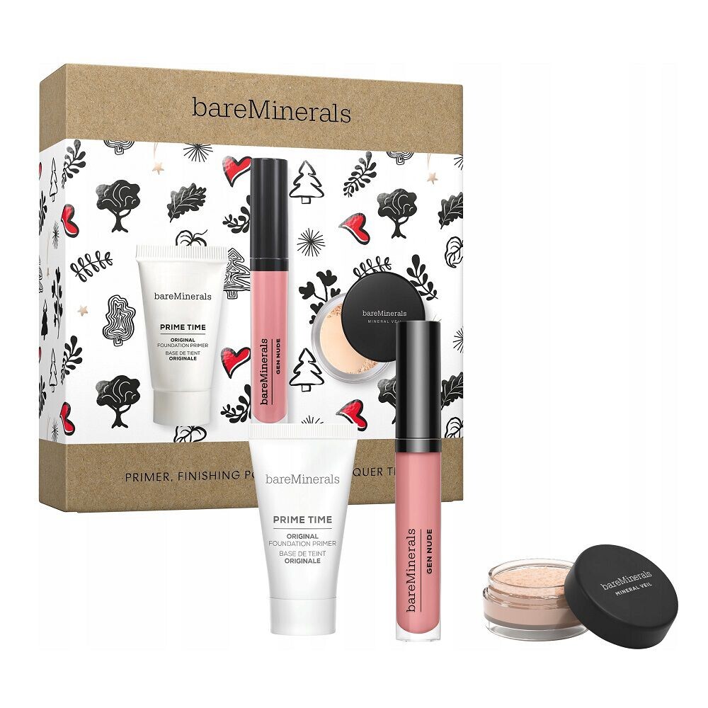 

bareMinerals Primer Finishing Powder & Lip Lacquer Trio набор: минеральная фиксирующая пудра, 0,75 г + блеск для губ Gen Nude, 3,7 мл + тональная основа, 15 мл