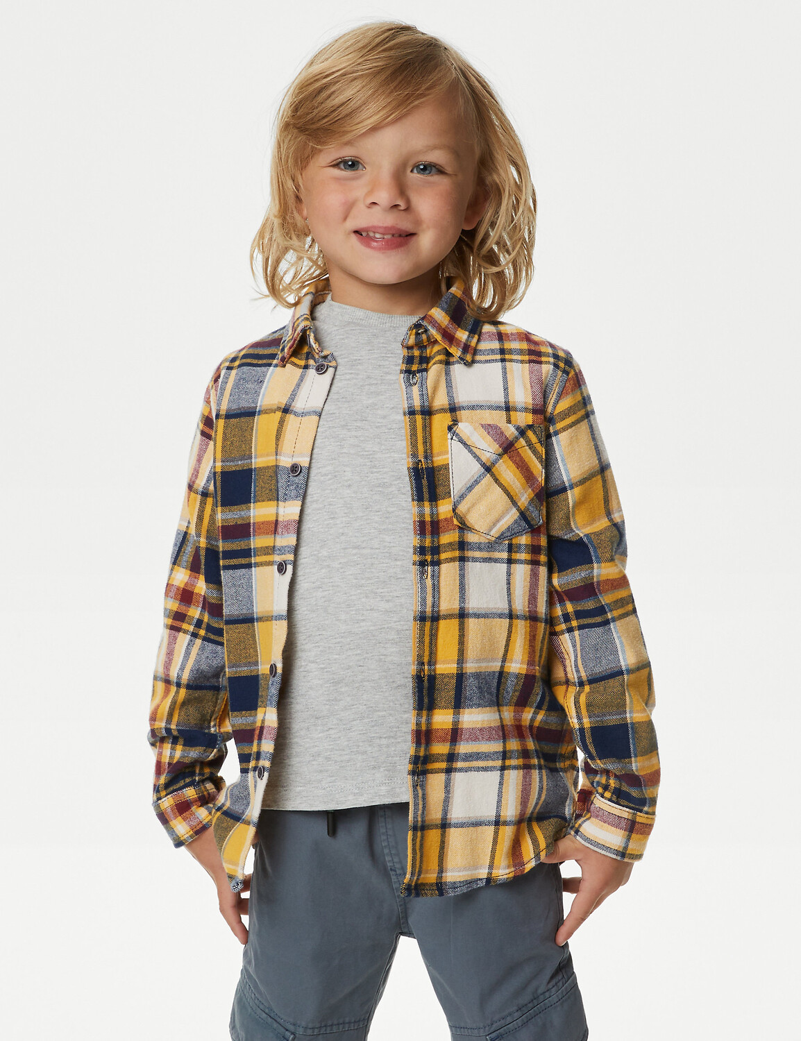 

Рубашка и футболка в клетку из чистого хлопка (2–8 лет) Marks & Spencer, желтый микс