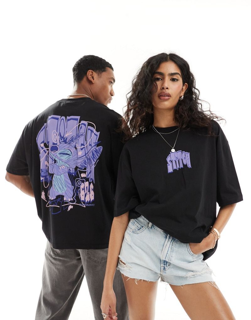 

Черная объемная футболка унисекс с графическим принтом Disney Stitch ASOS
