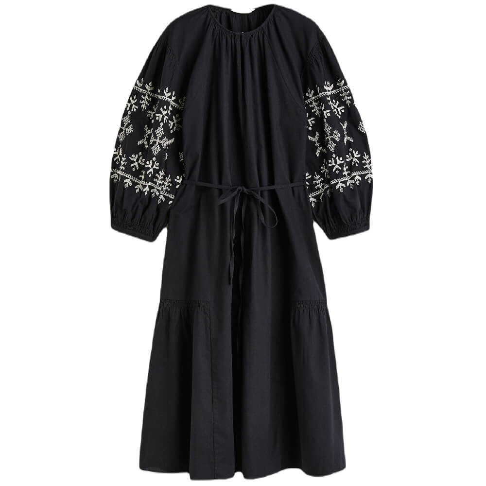 

Платье H&M Embroidered Tie-belt, черный