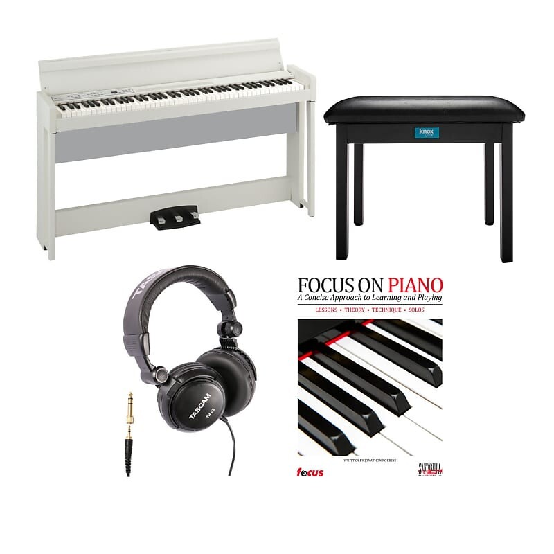 

Korg C1 88-клавишное цифровое пианино (белого цвета) с откидной скамьей в комплекте с откидной скамьей для пианино (черного цвета), закрытыми наушниками (черного цвета) и уроками игры на фортепиано для начинающих