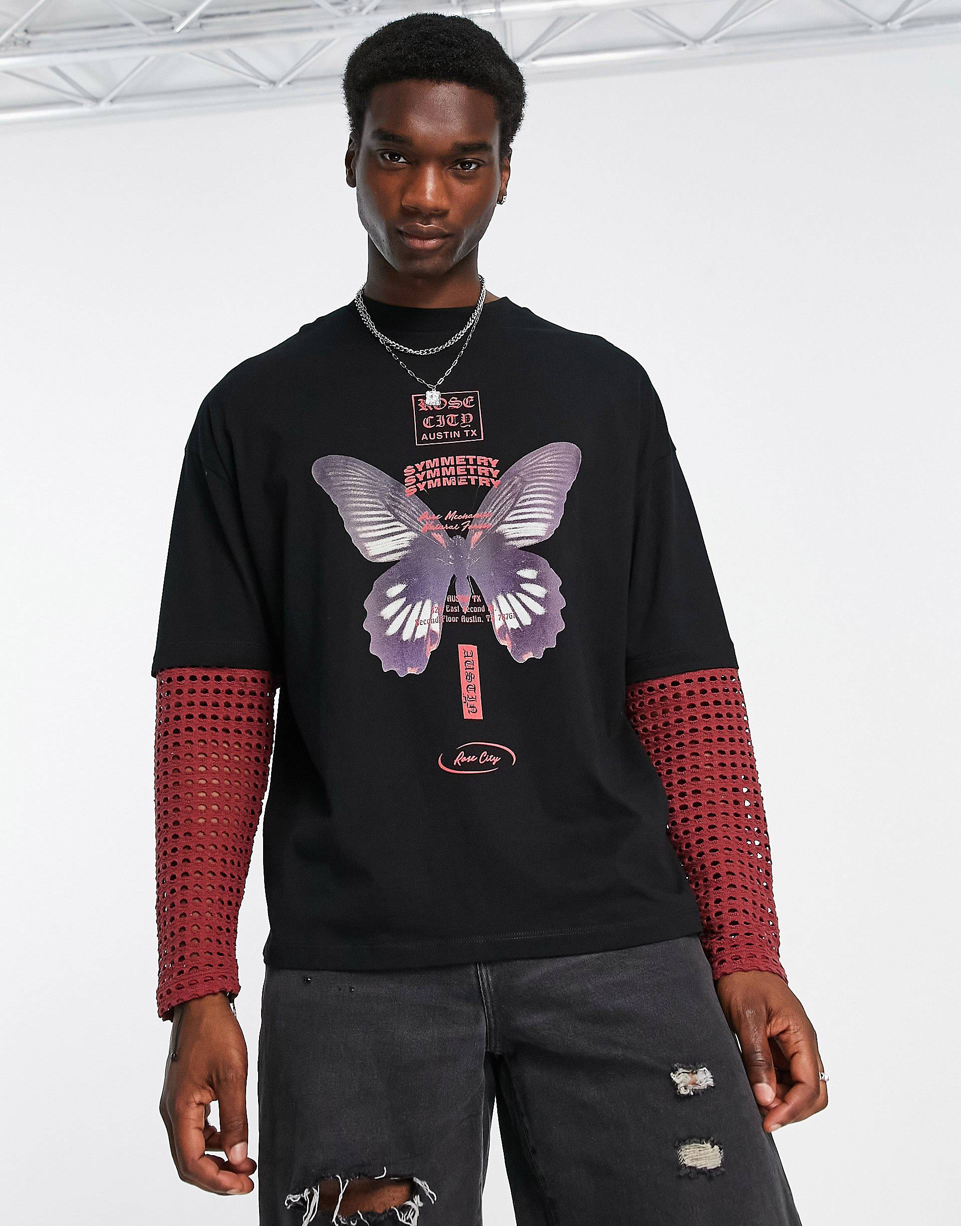 Черная футболка оверсайз с длинным рукавом с принтом в виде бабочек и двухслойным тканевым рукавом ASOS DESIGN