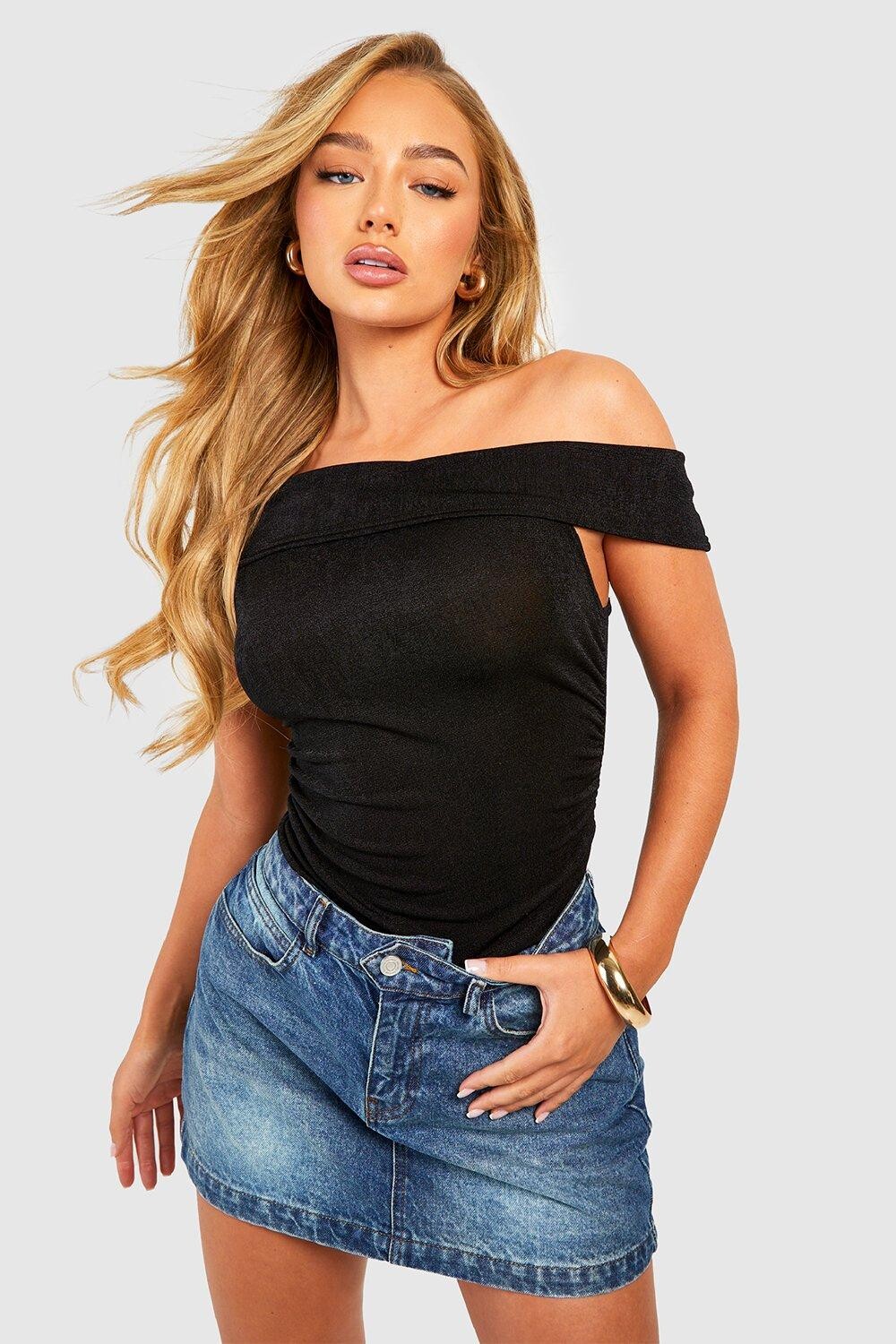 

Боди с рушками на одно плече Boohoo, черный