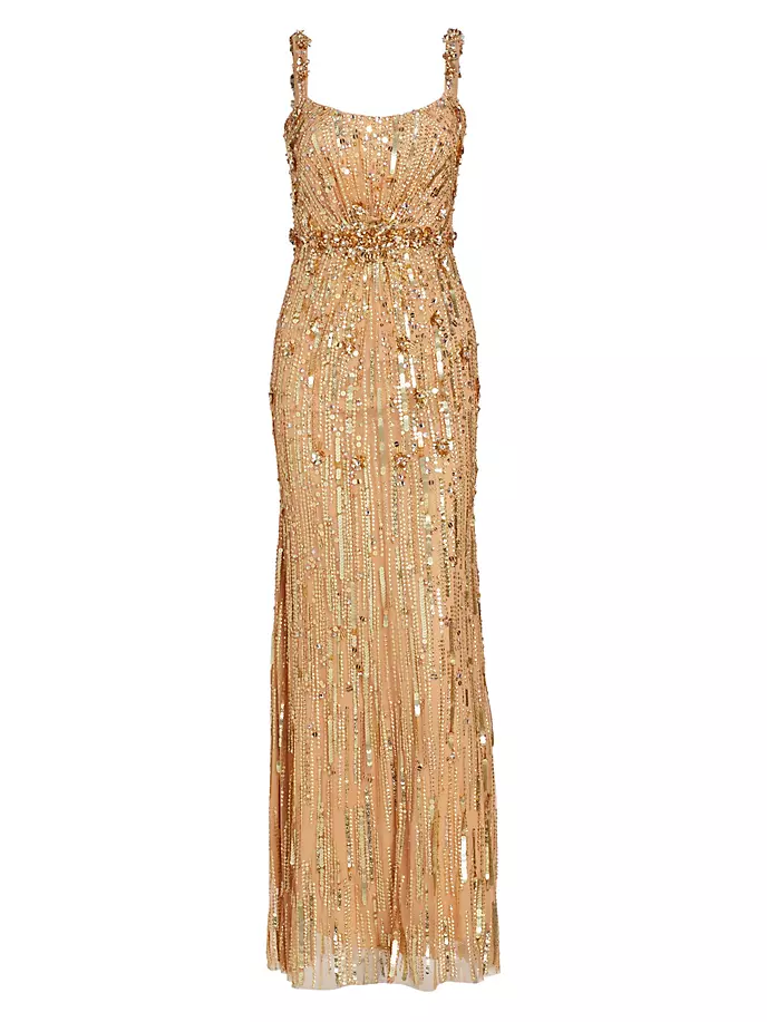

Яркое платье, украшенное драгоценными камнями Jenny Packham, золото