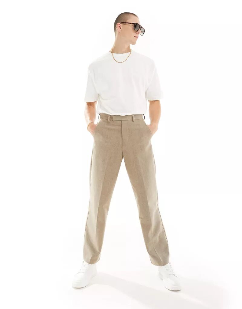 Коричневые элегантные широкие брюки из смесовой шерсти с узором «елочка» ASOS