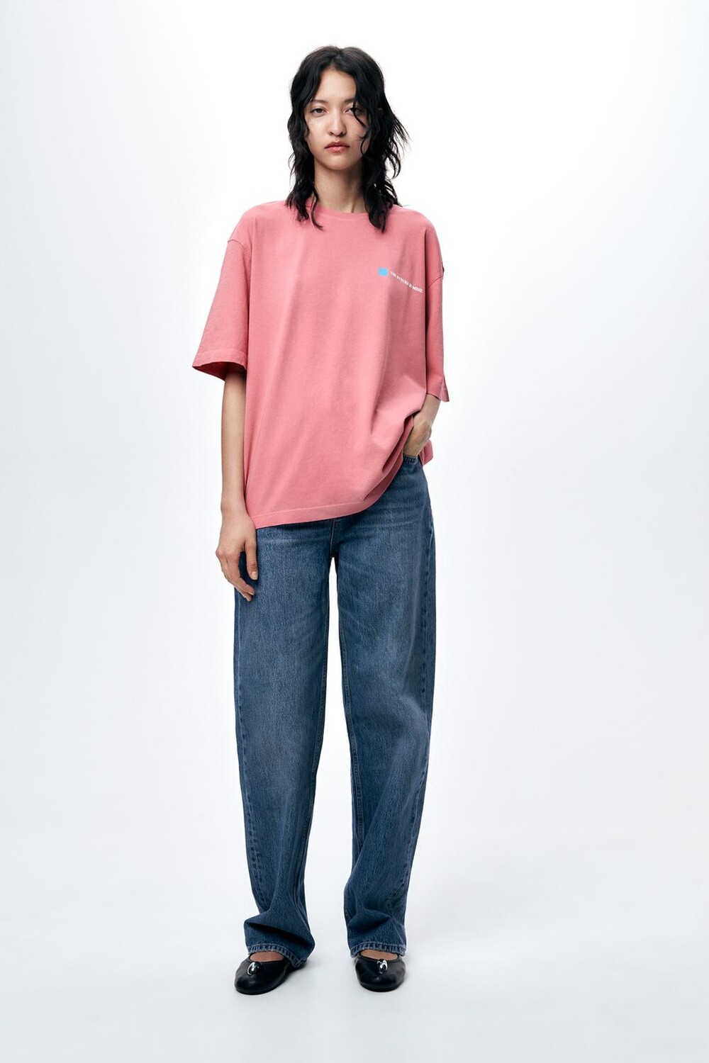 

Футболка с принтом слоганов с эффектом ZARA, розовый