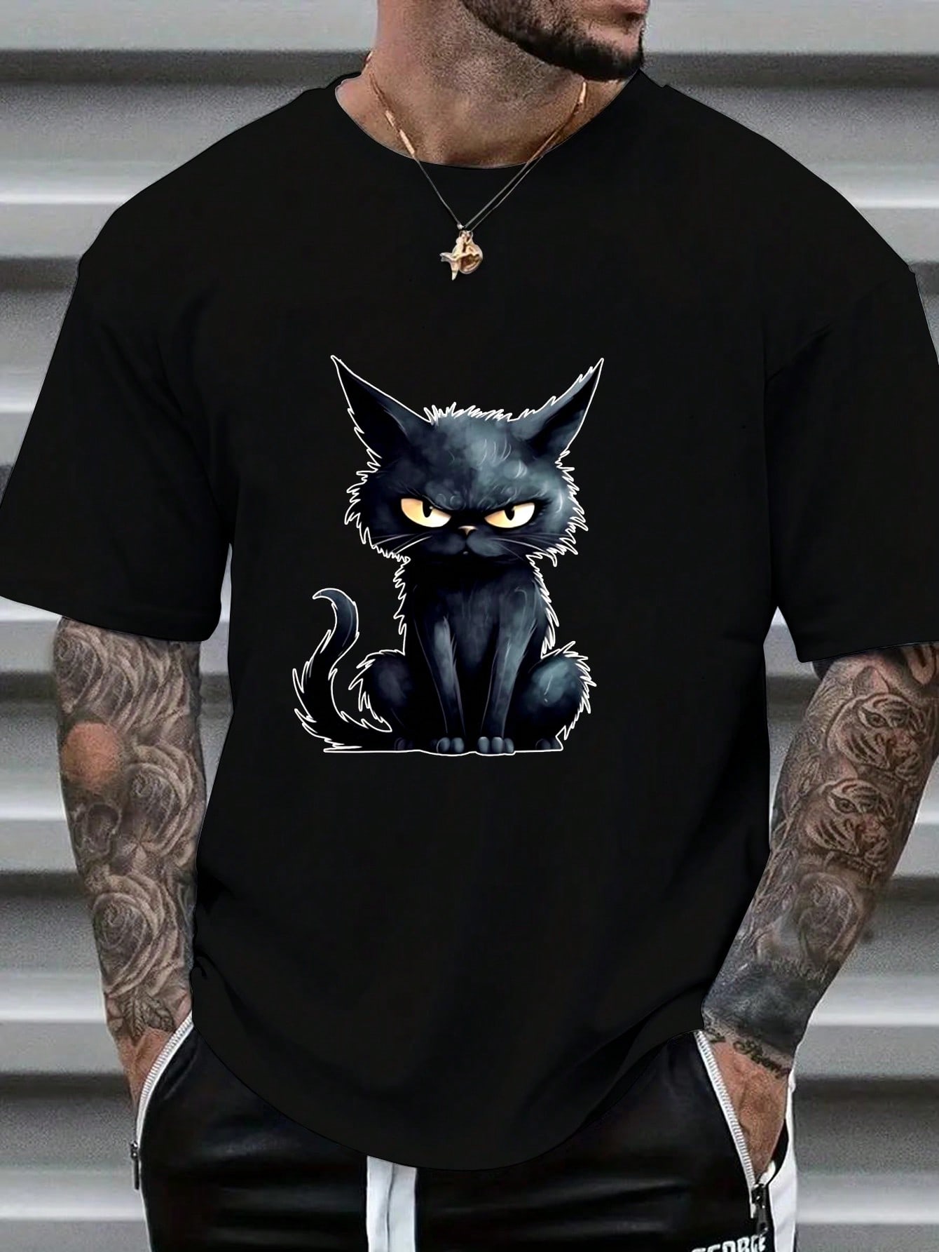 мужская футболка с забавным животным футболка с 3d принтом кота и коротким рукавом топы Мужская футболка с коротким рукавом и принтом кота из мультфильма, черный