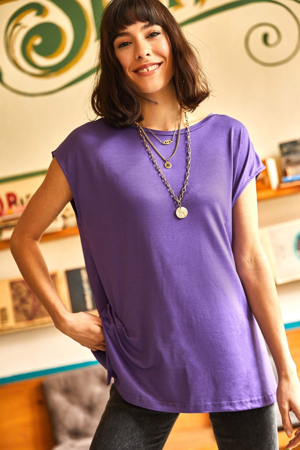 Женская фиолетовая трикотажная блузка без рукавов из висконовой ткани с боковыми разрезами Olalook, фиолетовый