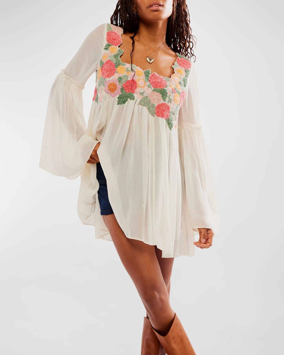 

Туника Madeline с цветочным принтом и рукавами-колокольчиками Free People, цвет Cream Combo