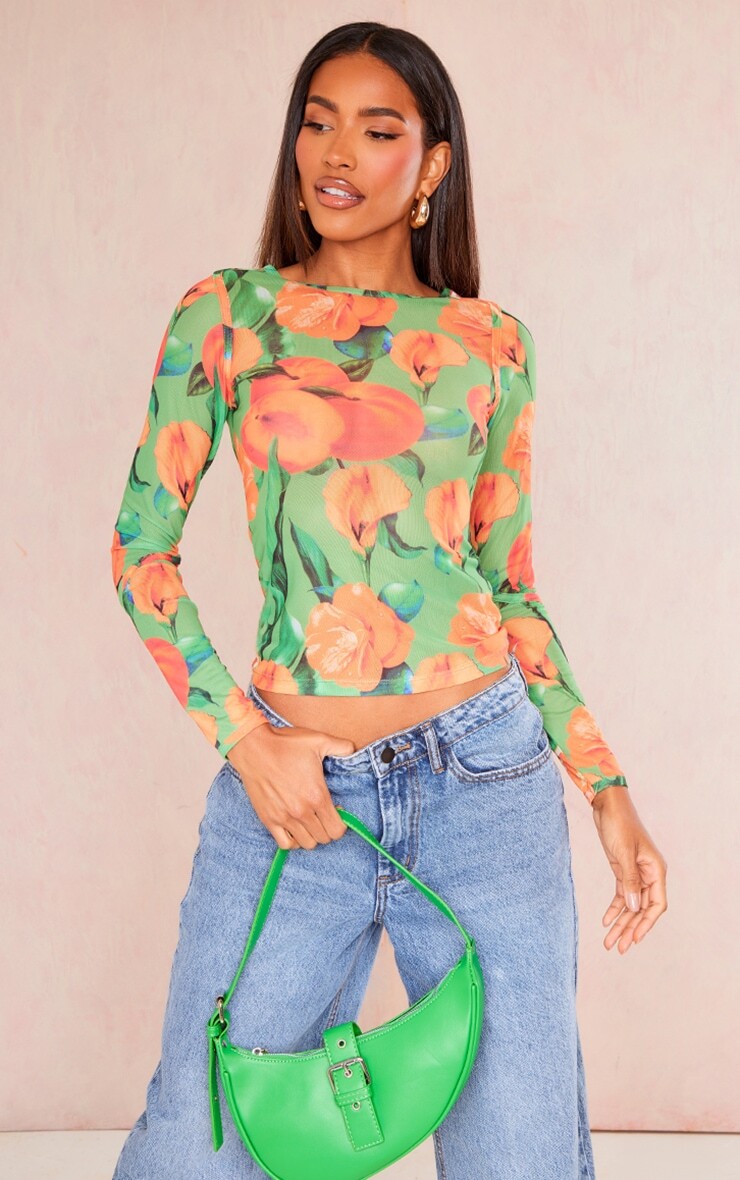 

PrettyLittleThing Зеленый сетчатый топ со вставками и цветочным принтом