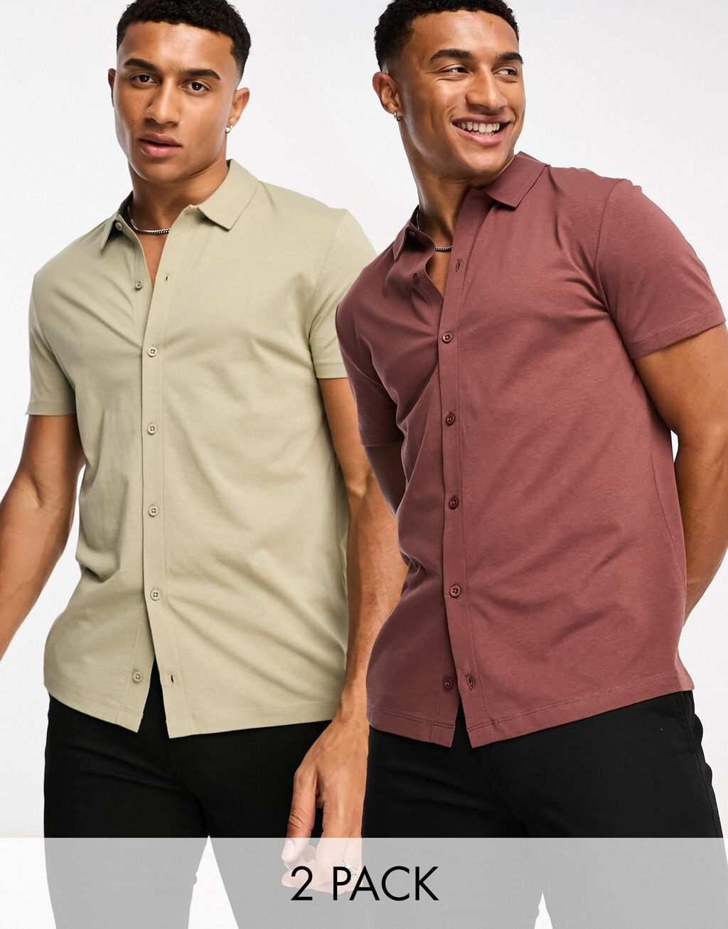 

Комплект из двух трикотажных рубашек коричневого и экрю ASOS DESIGN, Коричневый