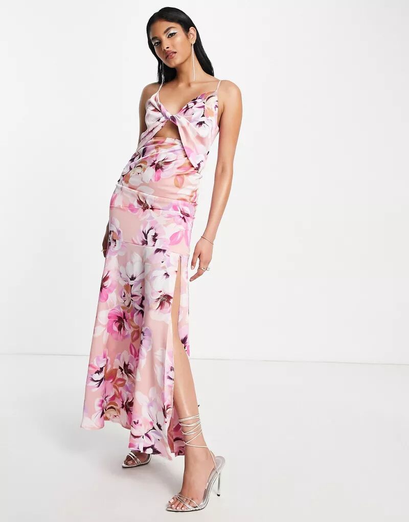 Платье макси пастельных тонов из атласного ликерного атласа с разрезом и цветочным принтом Liquorish фото