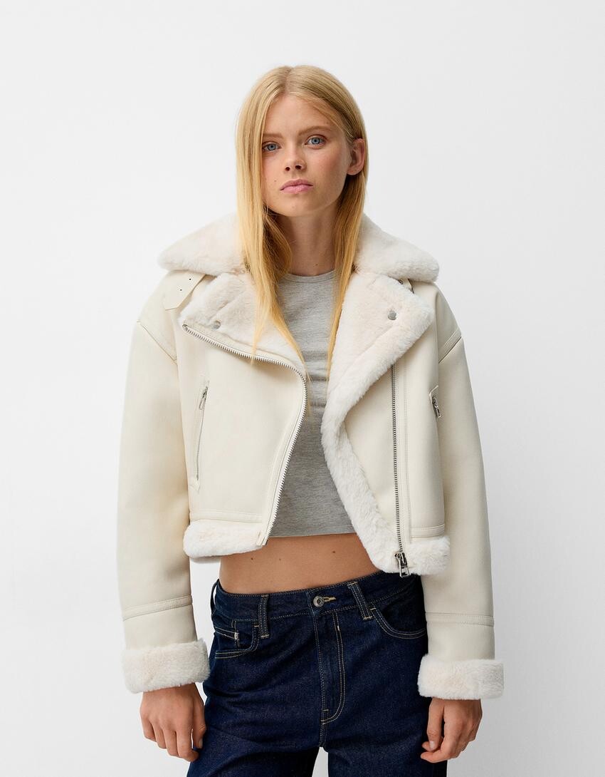 

Куртка байкерская из искусственной овчины Bershka, белый