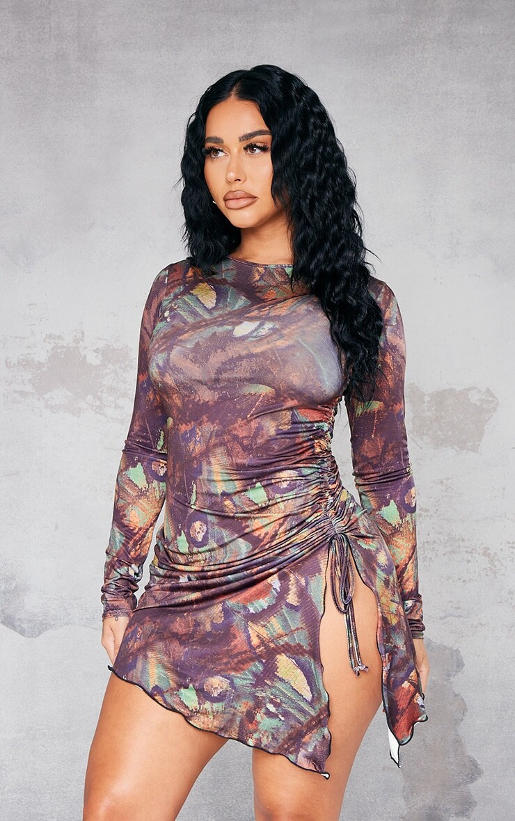 

PrettyLittleThing Облегающее облегающее платье с длинными рукавами и оборками по бокам