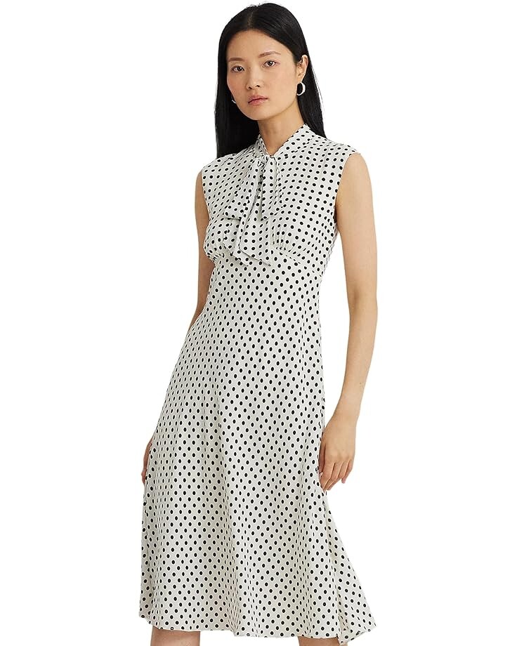 

Платье LAUREN Ralph Lauren Polka-Dot Georgette Tie-Neck, цвет Cream/Black