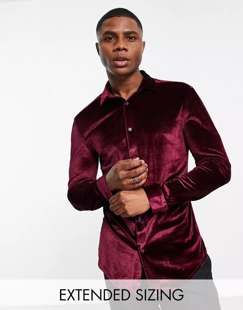 

Бордовая бархатная рубашка скинни ASOS
