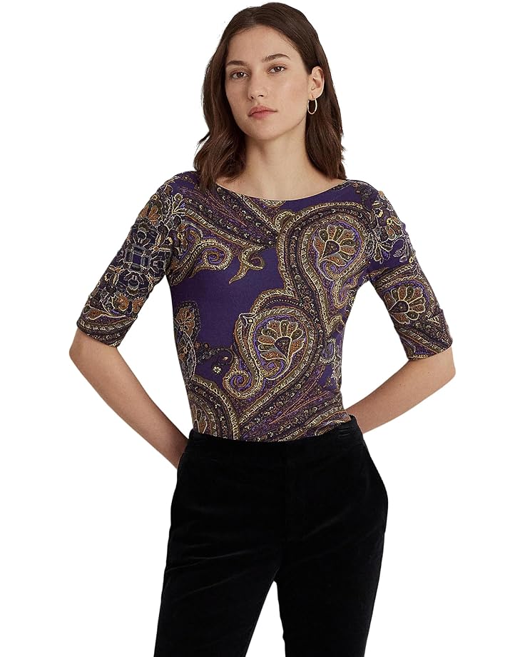 

Футболка LAUREN Ralph Lauren Petite Paisley Stretch Cotton Boatneck, фиолетовый